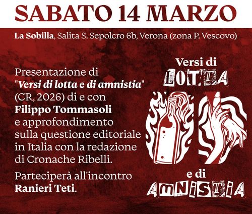 Presentazione di “Versi di lotta e di amnistia” (Cronache Ribelli, 2026) 
