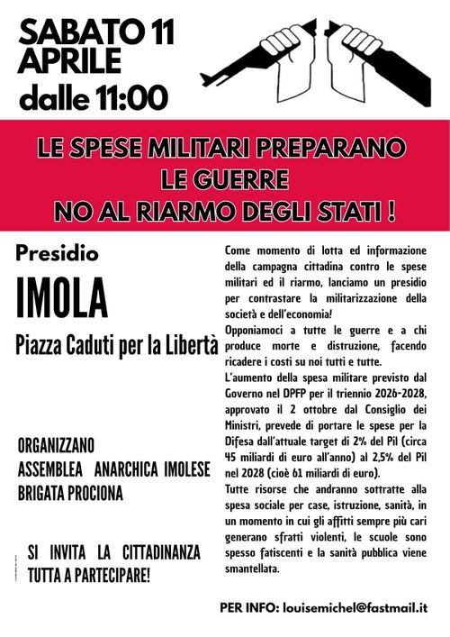 IMOLA - PRESIDIO ANTIMILITARISTA 11 APRILE 2026 - ORE 11:00